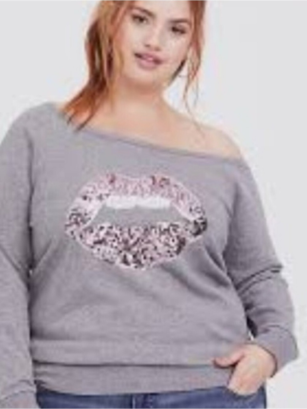 Torrid Sequin Lips Off The Shoulder Sweatshirt Gray Pink Size 4